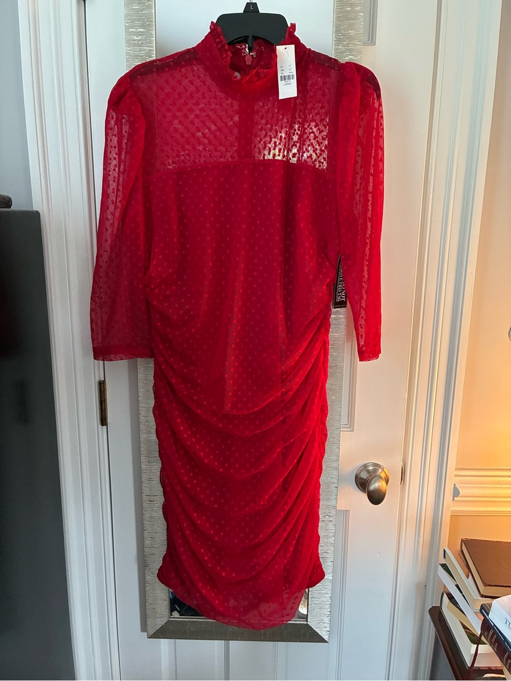 New York & Company Red Sheer Ruched Midi Dress size Large